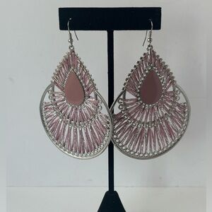 Large Pink Threaded Fan Statement Earrings Bohemian Silver Dangles